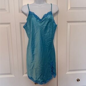 Y2k Vintage Victoria's Secret Shiny Satin Lace Trim Teal Slip Dress Slit Blue L